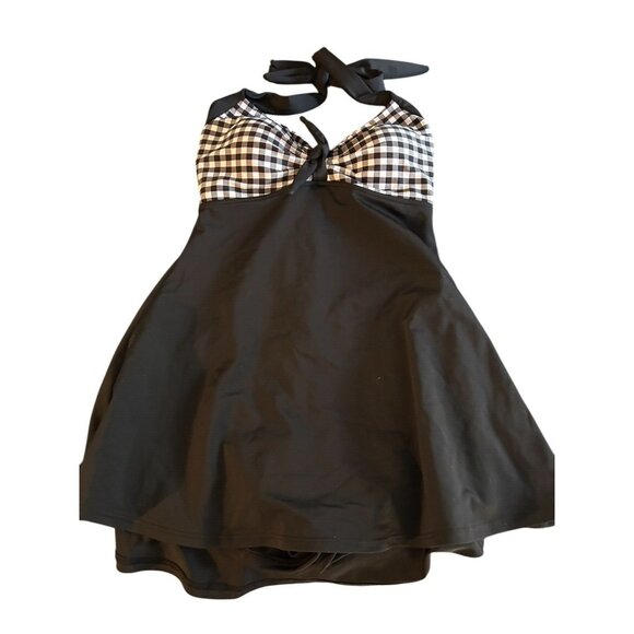 COCOSHIP Sailor Pin Up Swimsuit One Piece Skirtini Gingham Plaid Black Medium - Picture 5 of 7